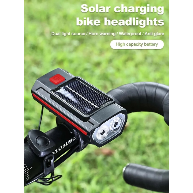 Solar Bicycle Front Light With Horn Type C Rechargeable Safety Bike Lamp 0