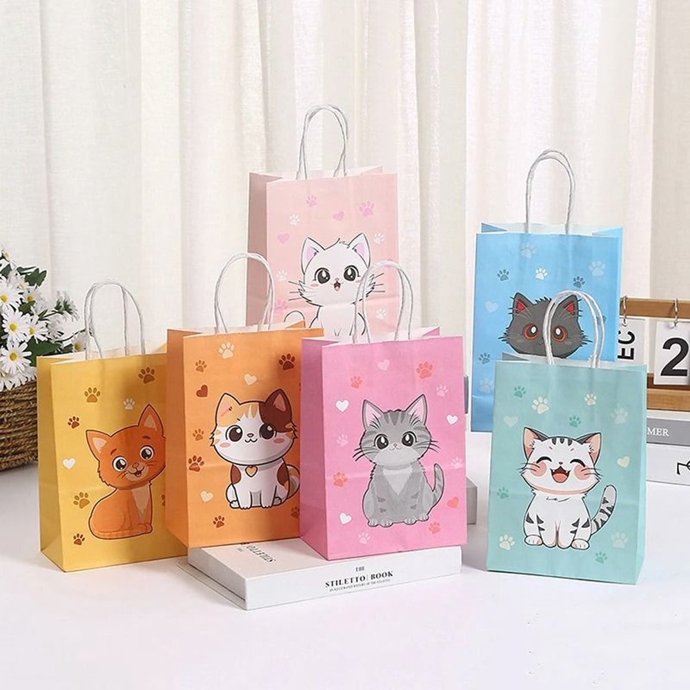 Cartoon Cat Paw Print Paper Gift Bags With Handles For Kids Party 6 Piece Set 0