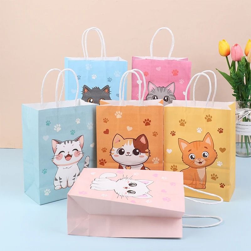 Cartoon Cat Paw Print Paper Gift Bags With Handles For Kids Party 6 Piece Set 1