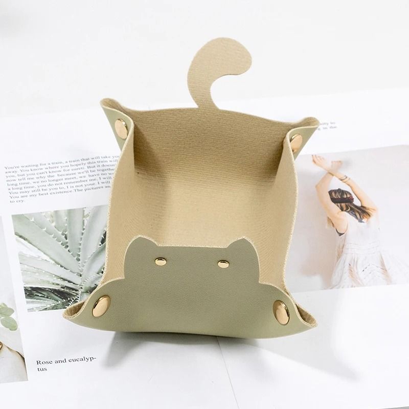 PU Leather Cat Shape Desktop Storage Tray Jewelry Organizer 11