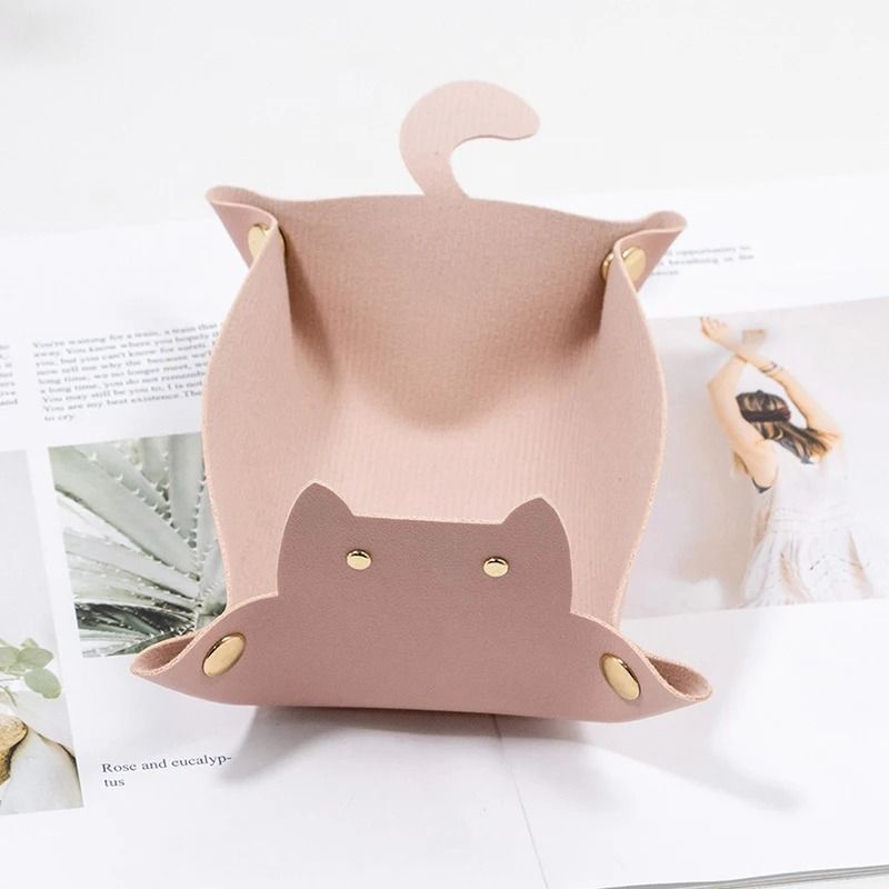 PU Leather Cat Shape Desktop Storage Tray Jewelry Organizer 6