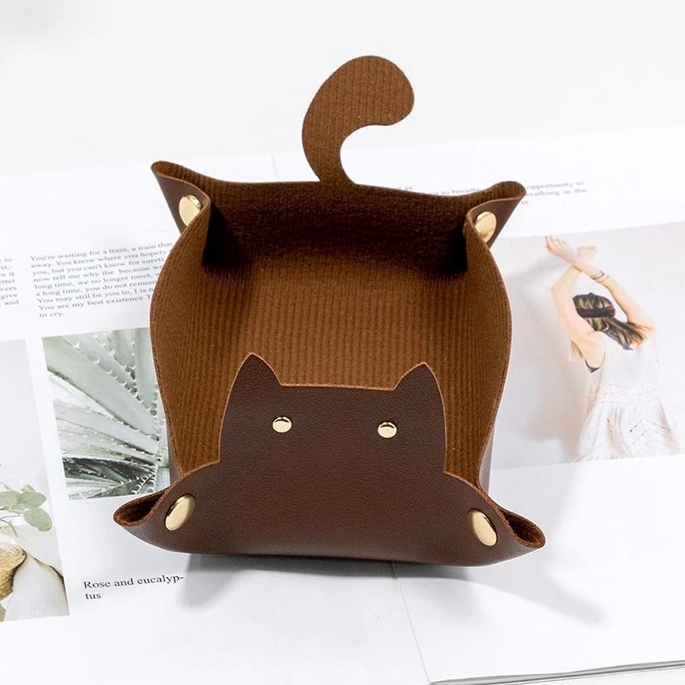 PU Leather Cat Shape Desktop Storage Tray Jewelry Organizer 8