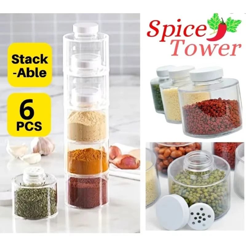 6 Piece Transparent Spice Jar Set With Stackable Seasoning Containers And Kitchen Rack 0