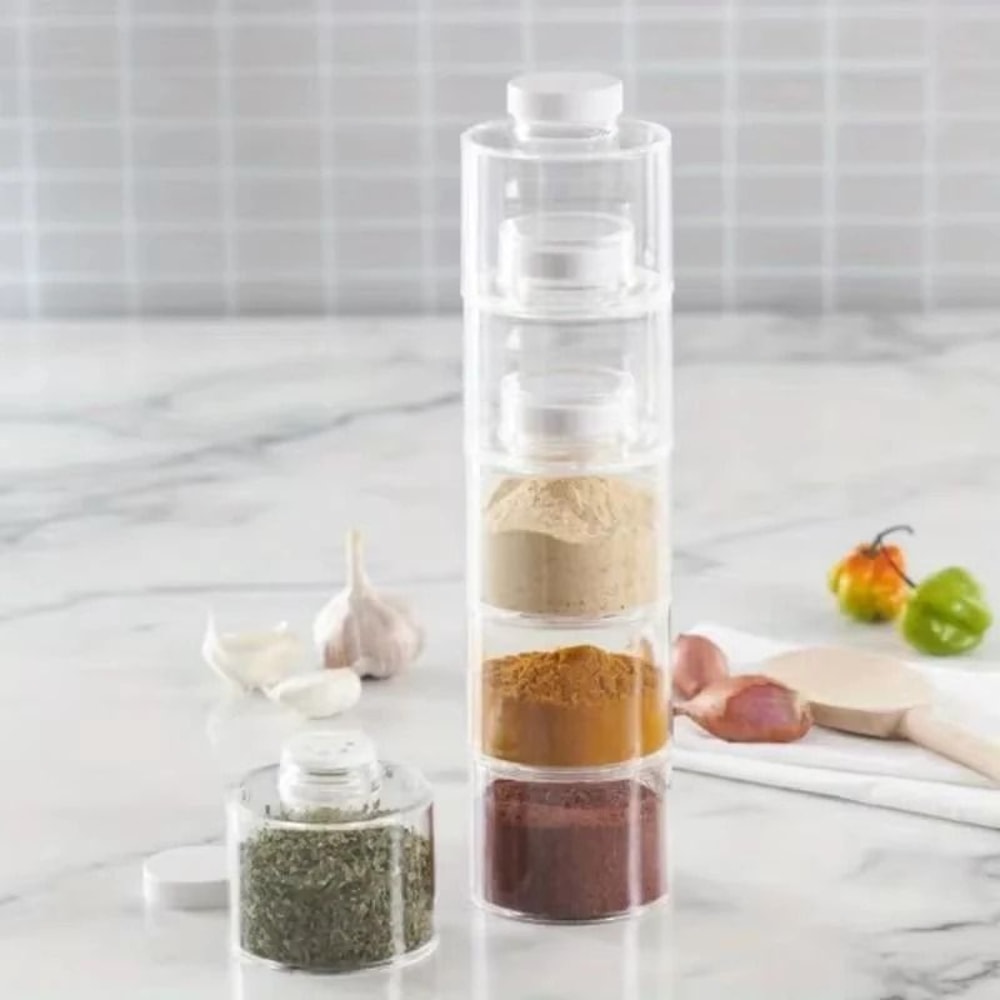 6 Piece Transparent Spice Jar Set With Stackable Seasoning Containers And Kitchen Rack 5