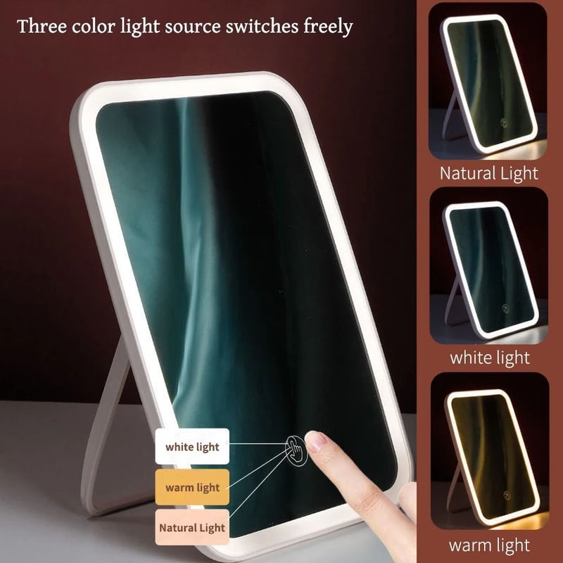 Foldable LED Vanity Mirror With Tricolor Lighting USB Rechargeable Touch Control 6