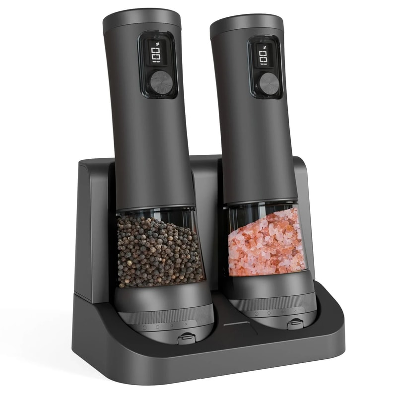 Electric Rechargeable Salt And Pepper Grinder Set With Adjustable Coarseness And Charging Base 1