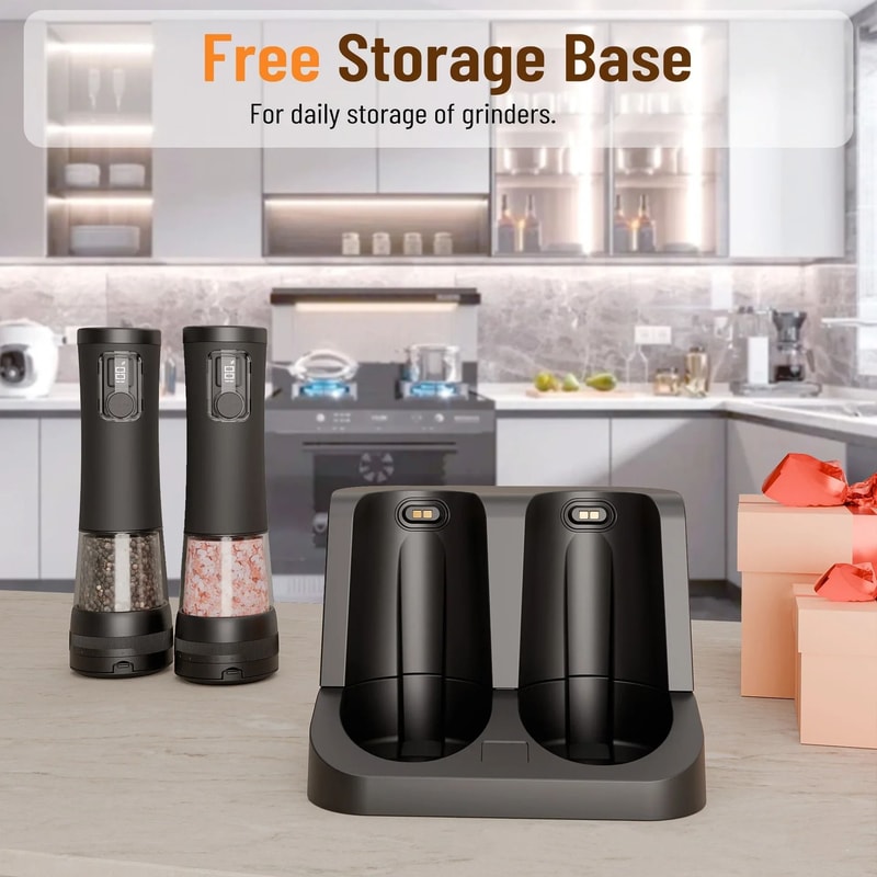 Electric Rechargeable Salt And Pepper Grinder Set With Adjustable Coarseness And Charging Base 5
