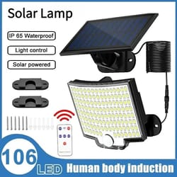 106 led solar motion sensor flood light with separate panel for outdoor use
