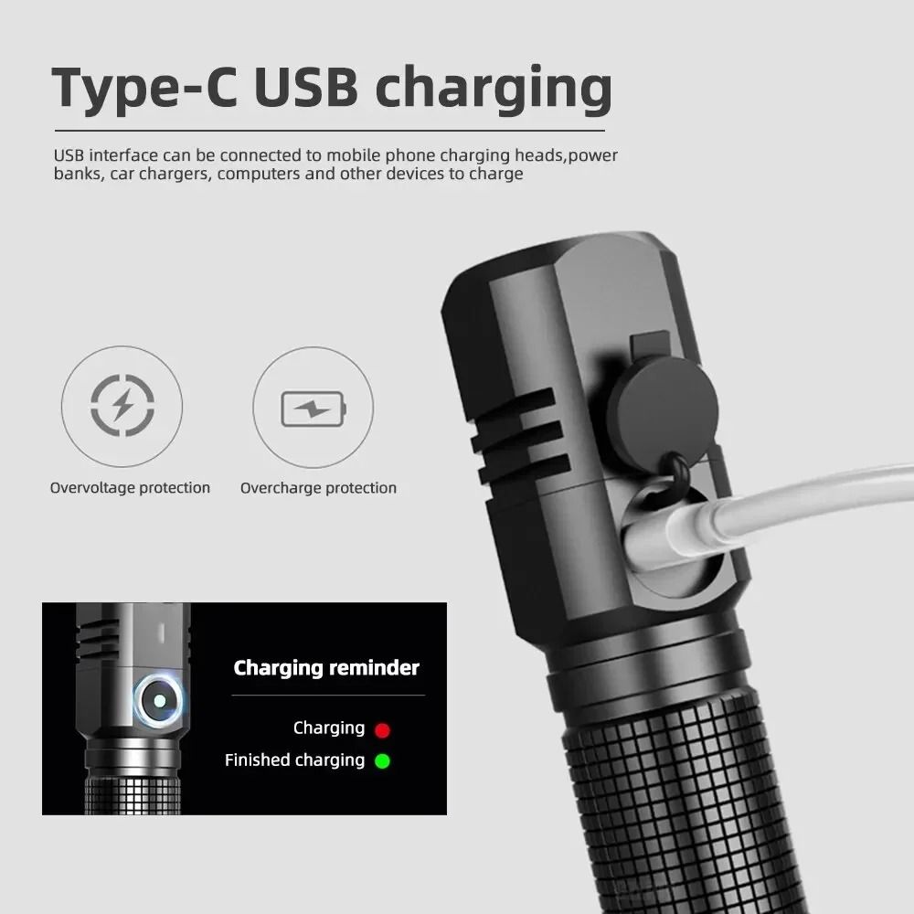 Mini XHP50 LED Flashlight With USB C Rechargeable Design And Telescopic Zoom 4