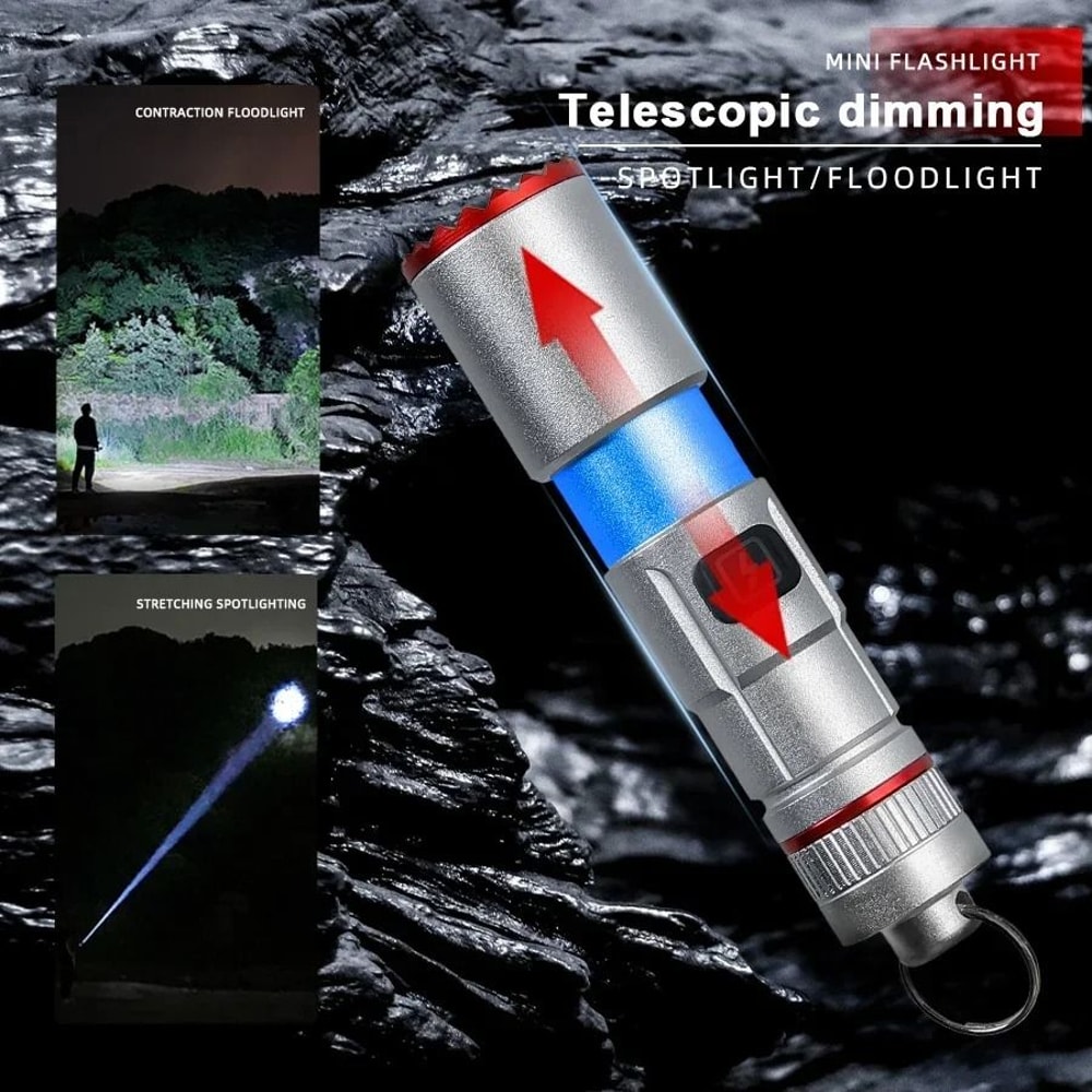 Multifunctional Mini Rechargeable Flashlight With Telescopic Zoom And Keychain Ring 2
