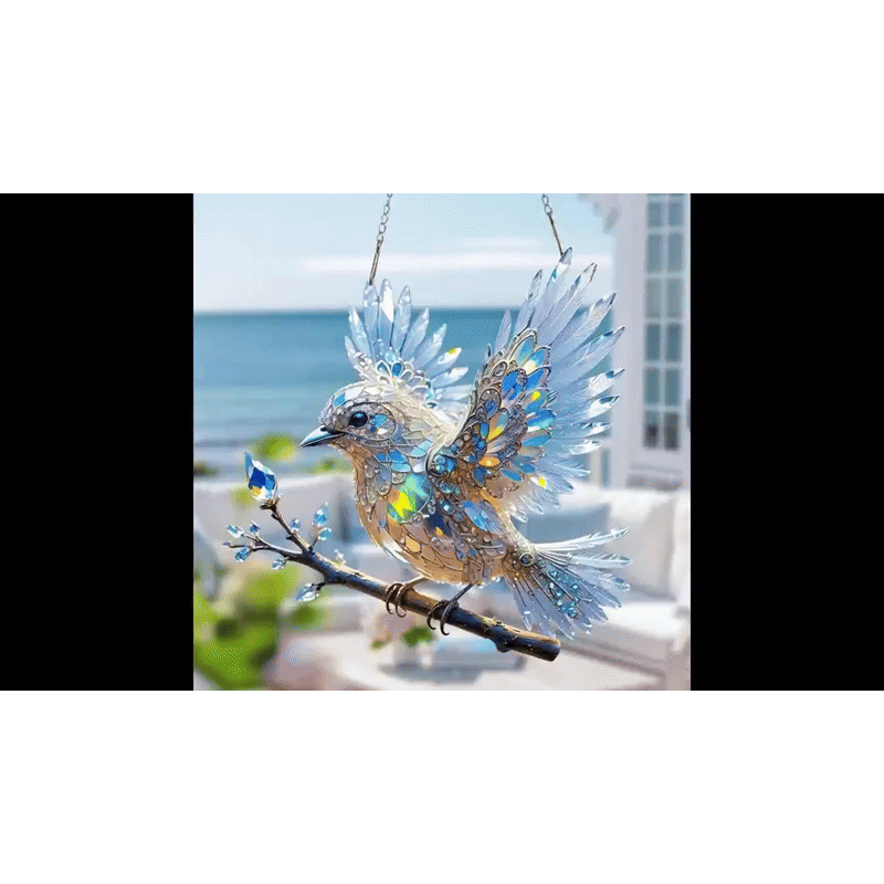 Sunlight hitting glass bird in kitchen window