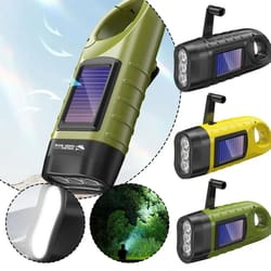 solar powered led flashlight with hand crank for camping and emergency use