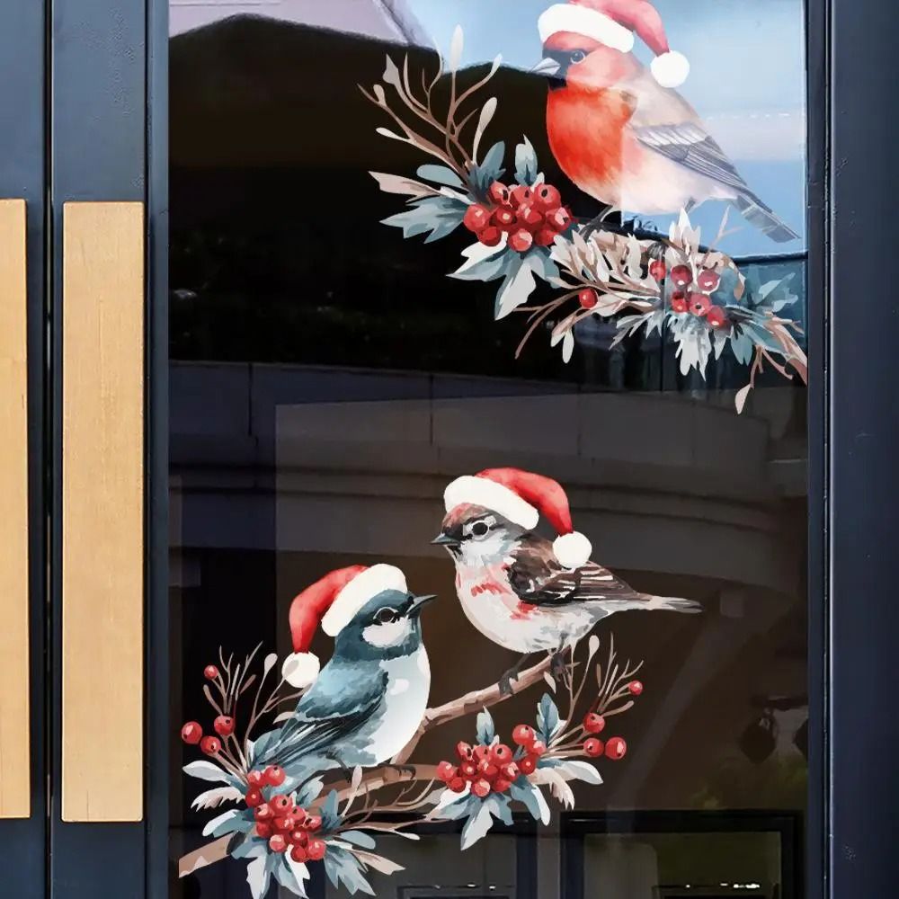 Christmas Bird And Tree Branch Window Static Stickers Set 1