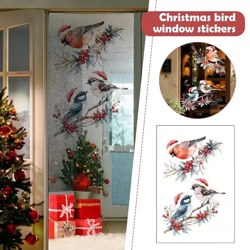 Christmas Bird And Tree Branch Window Static Stickers Set 2