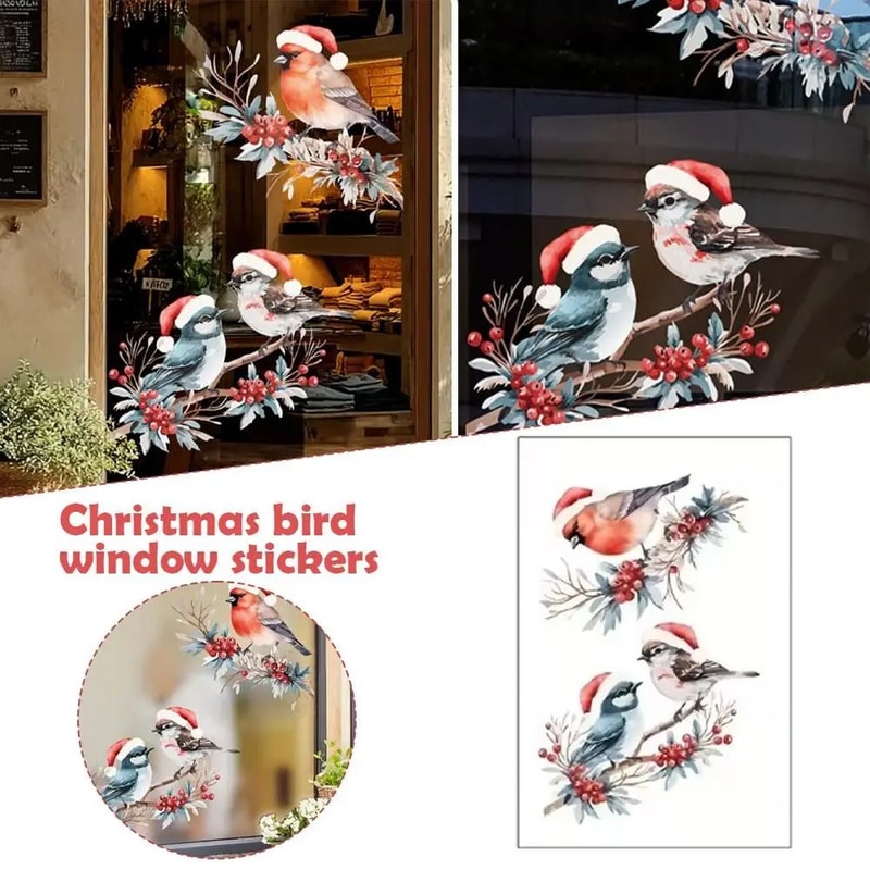 Christmas Bird And Tree Branch Window Static Stickers Set 3