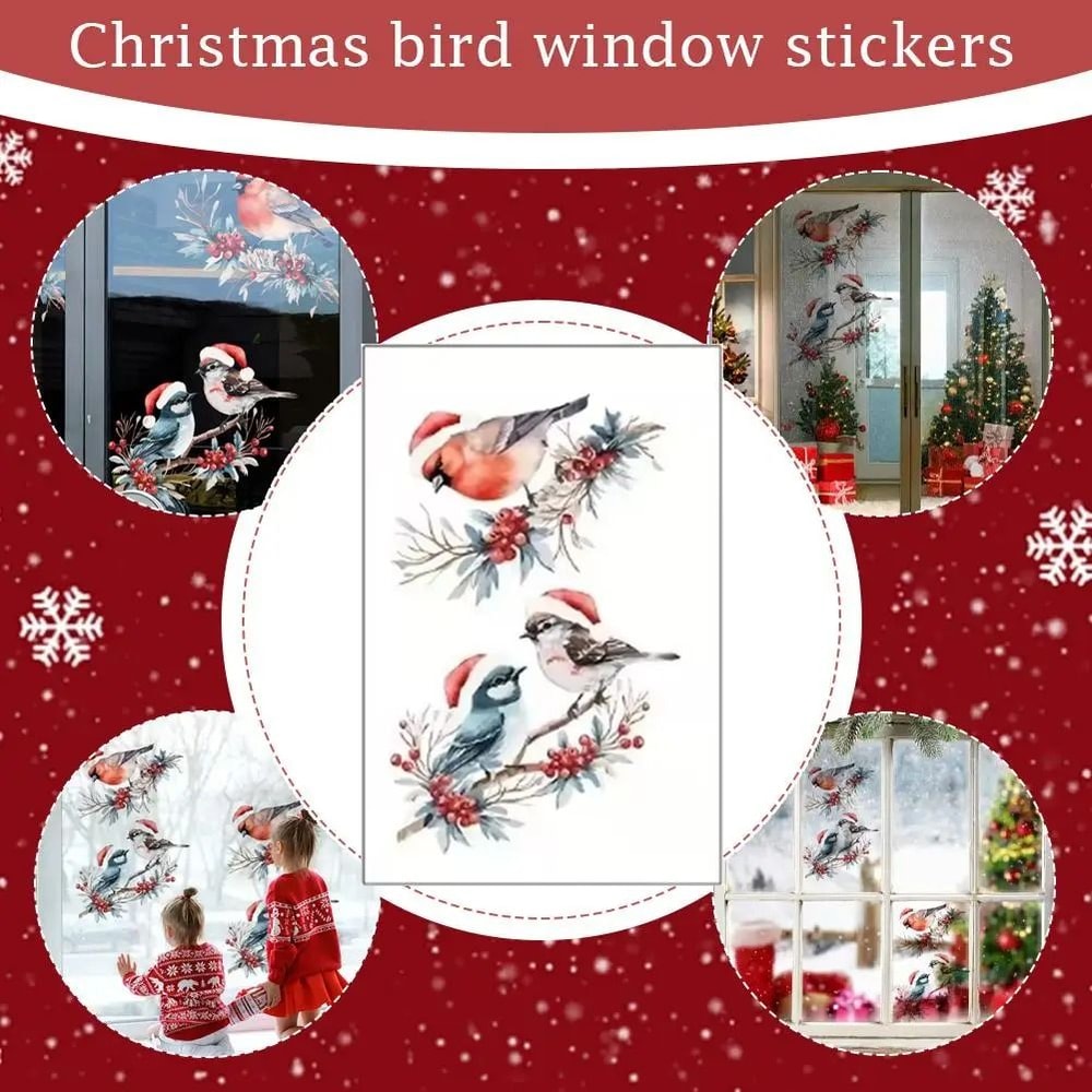 Christmas Bird And Tree Branch Window Static Stickers Set 4