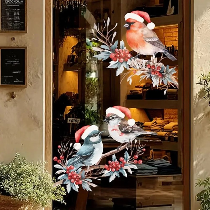 Christmas Bird And Tree Branch Window Static Stickers Set 5