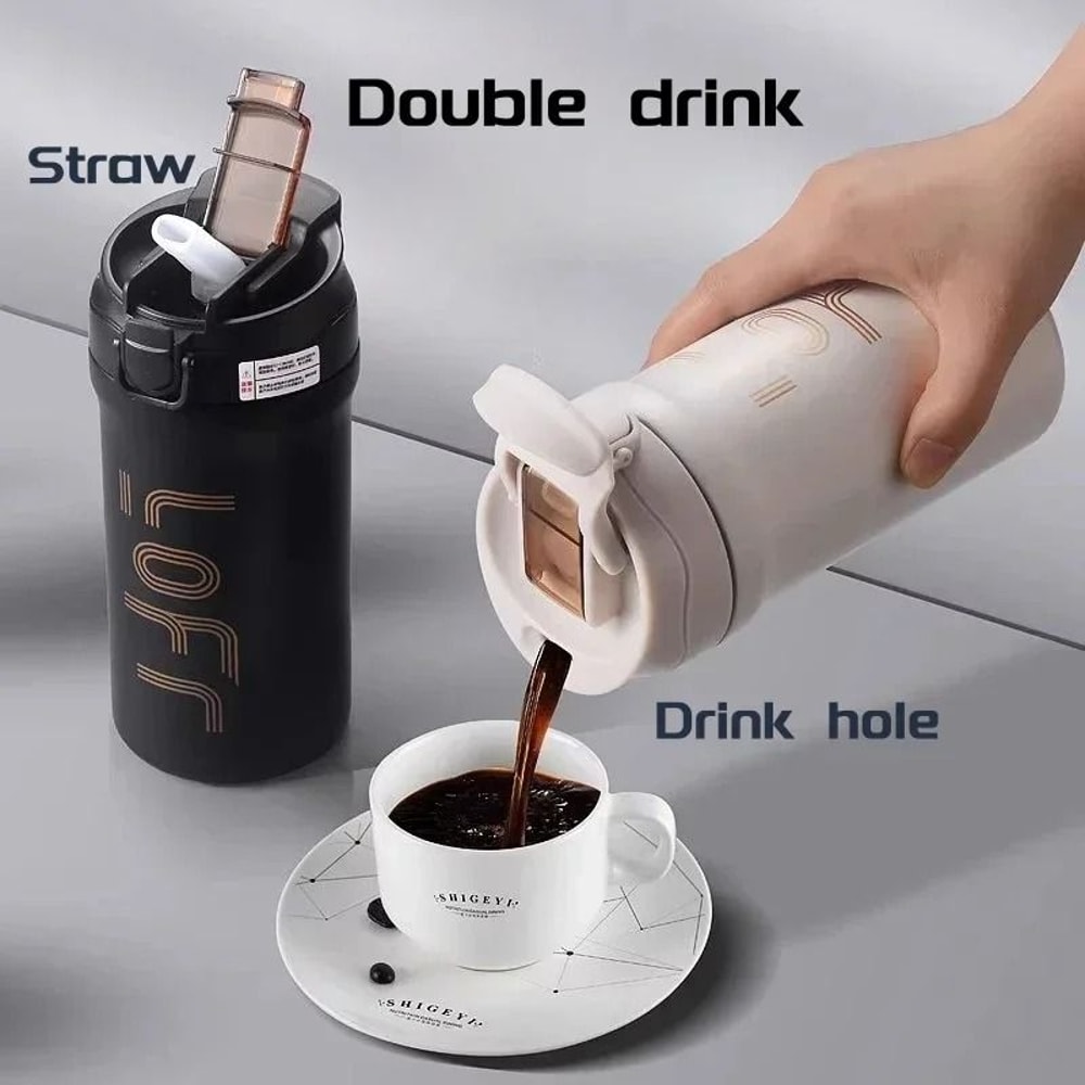 600ml Thermal Coffee Mug With Straw Double Wall Insulated Portable Travel Cup 0