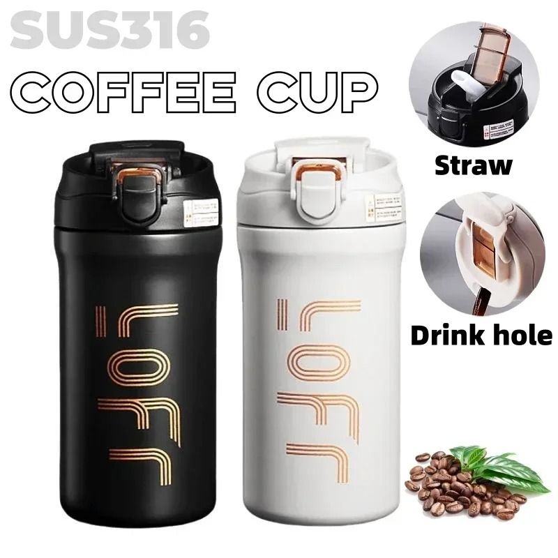 600ml Thermal Coffee Mug With Straw Double Wall Insulated Portable Travel Cup 1