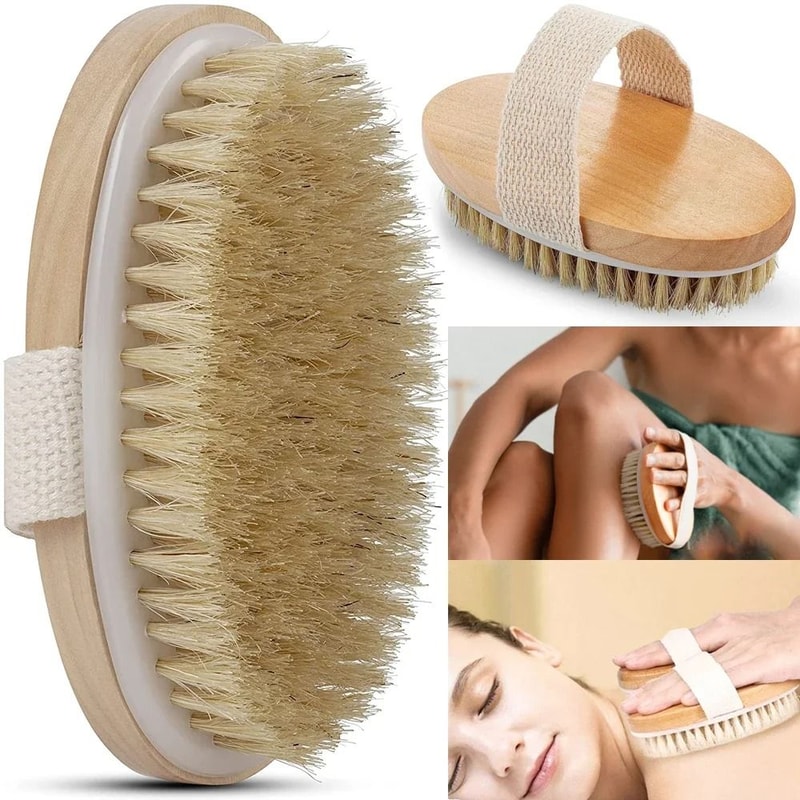 Natural Bristle Body Exfoliating Brush Wet And Dry Skin Scrub Bath Tool 0