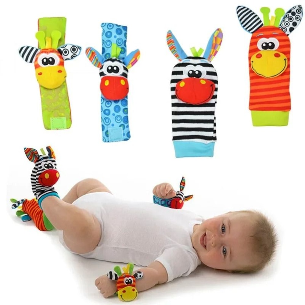 Newborn Infant Kids Animal Sock And Wrist Strap Rattle Foot Finder Toy Set 036 Months 0
