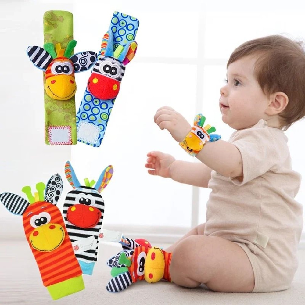 Newborn Infant Kids Animal Sock And Wrist Strap Rattle Foot Finder Toy Set 036 Months 1
