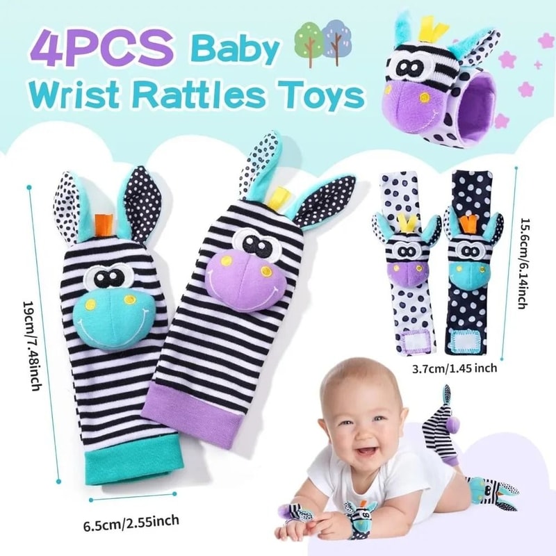 4Pcs Baby Rattles Toys Animal Socks And Wrist Strap Set For Infants 012 Months 4