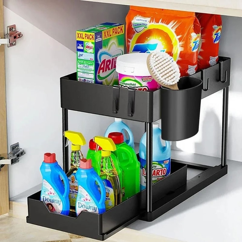 2 Tier Under Sink Organizer Sliding Cabinet Basket Storage Rack With Hooks And Hanging Cup 18