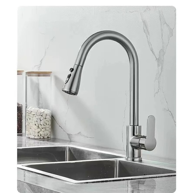 304 Stainless Steel PullOut Kitchen Faucet With 360 Rotation And DualMode Stream Sprayer 1