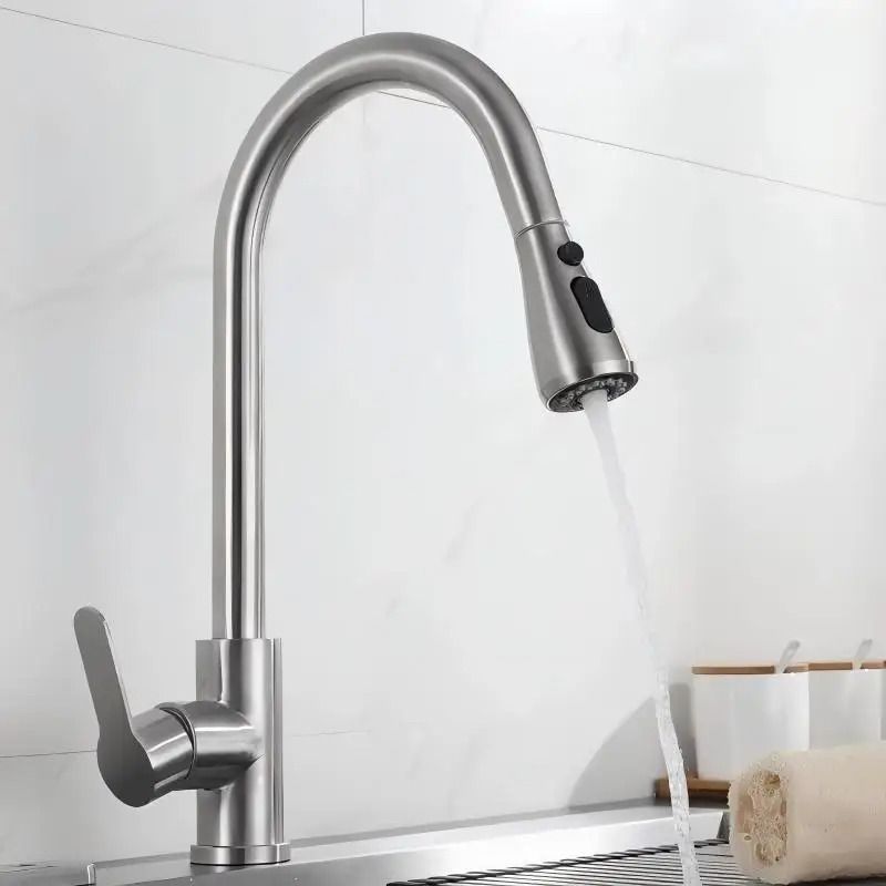 304 Stainless Steel PullOut Kitchen Faucet With 360 Rotation And DualMode Stream Sprayer 16