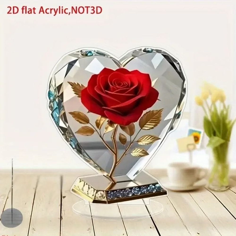 Acrylic Bohemian Heart Shaped Sculpture Ornament With Red Roses And Gold Accents 1
