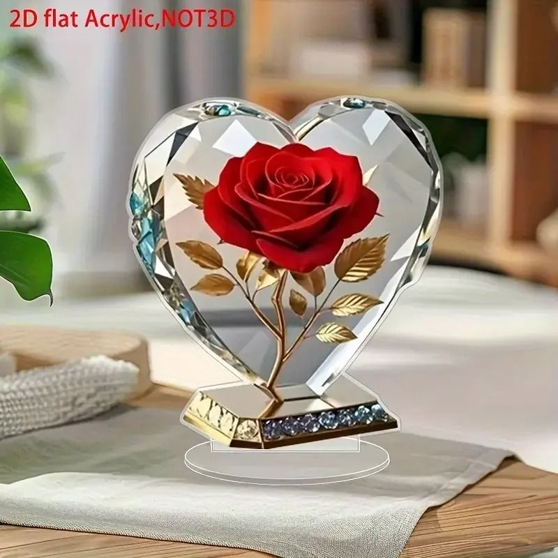 Acrylic Bohemian Heart Shaped Sculpture Ornament With Red Roses And Gold Accents 3