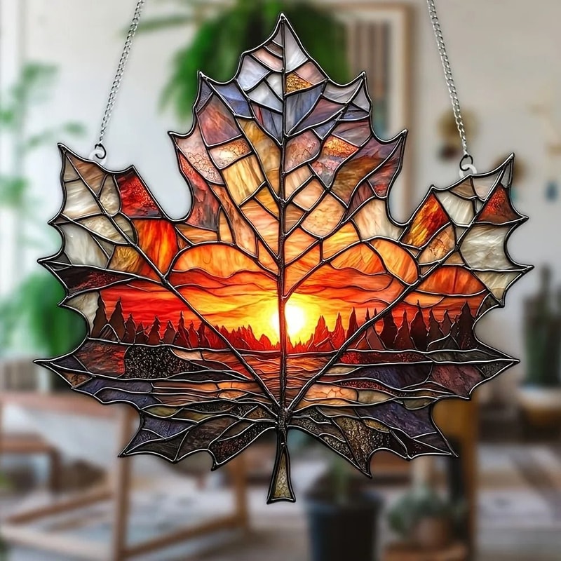 Sunset Maple Leaf Outdoor Decor Suncatcher Window And Curtain Hanging Decoration 3