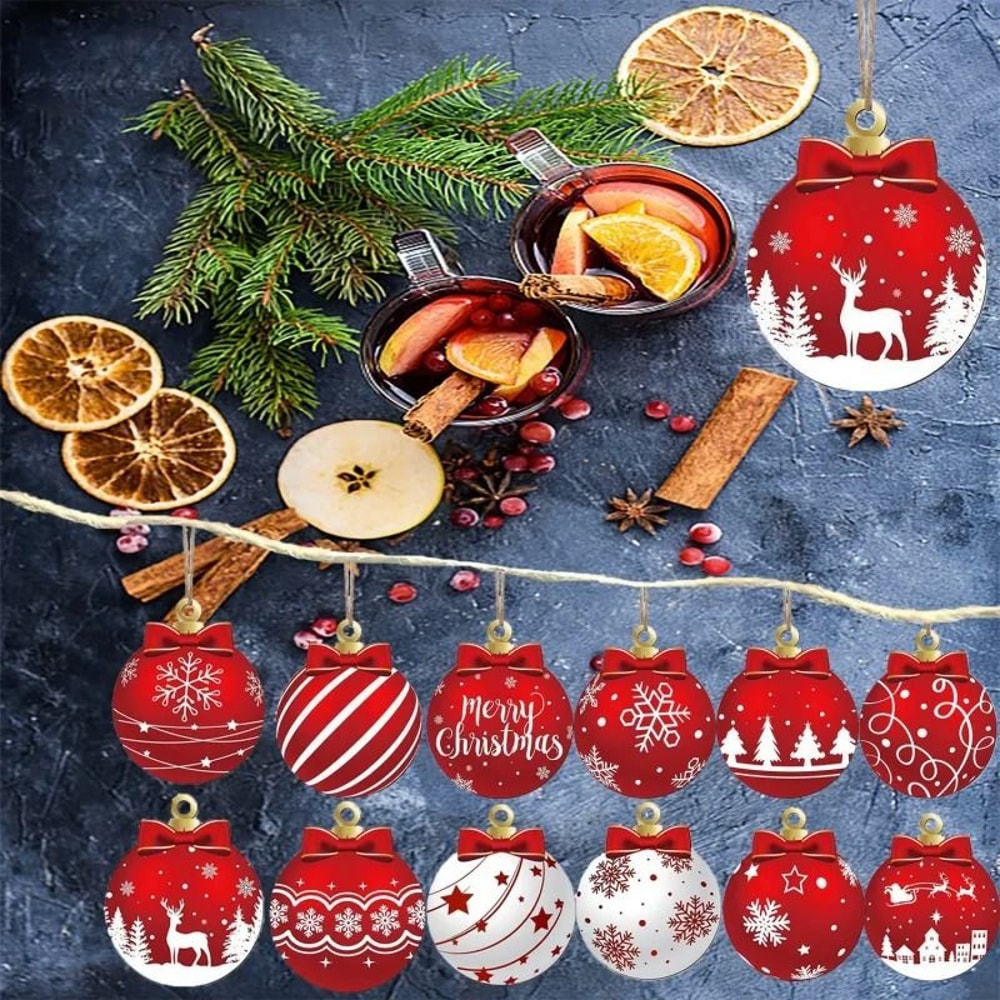 12pcsset Red And White Wooden Christmas Ball Ornaments Elk And Snowflake Pattern 2