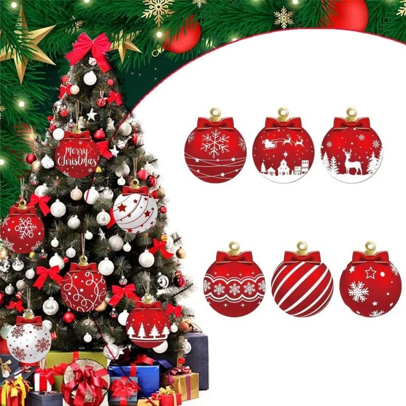 12pcsset Red And White Wooden Christmas Ball Ornaments Elk And Snowflake Pattern 4