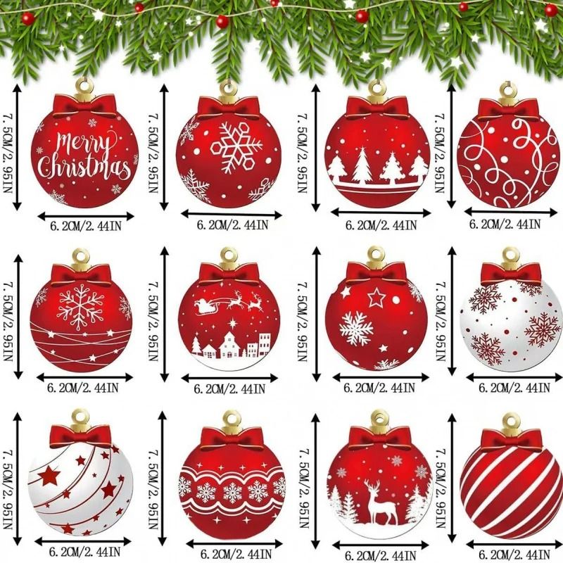 12pcsset Red And White Wooden Christmas Ball Ornaments Elk And Snowflake Pattern 5