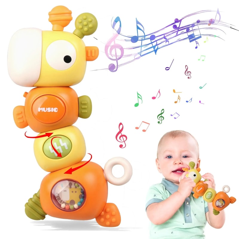 Baby Rattle Teething Toy Giraffe Musical Silicone Montessori Sensory Toy 1