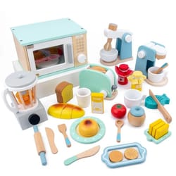 qwz wooden simulation kitchen toy set bread machine microwave oven play house toys