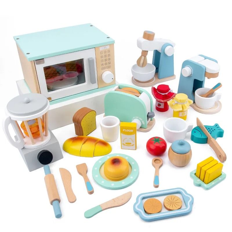 QWZ Wooden Simulation Kitchen Toy Set Bread Machine Microwave Oven Play House Toys 0