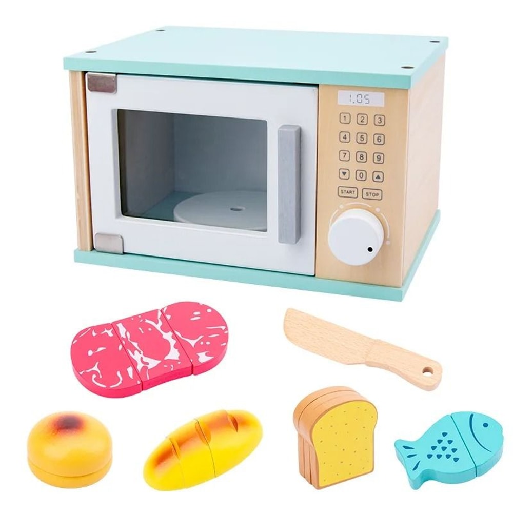 QWZ Wooden Simulation Kitchen Toy Set Bread Machine Microwave Oven Play House Toys 2