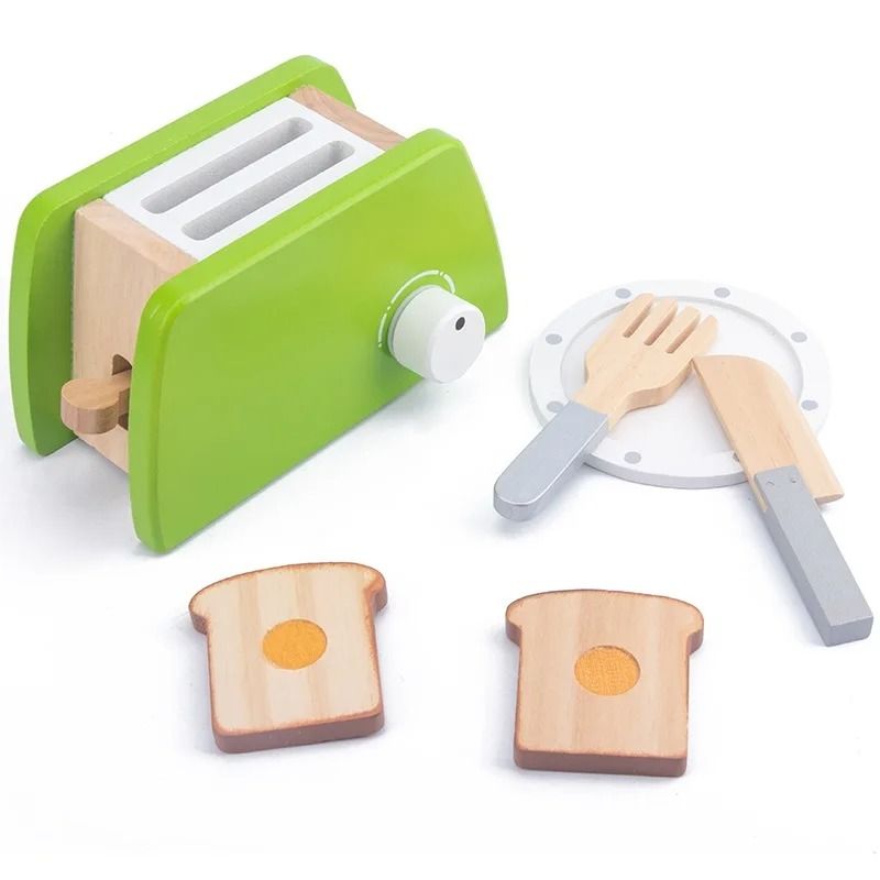QWZ Wooden Simulation Kitchen Toy Set Bread Machine Microwave Oven Play House Toys 4