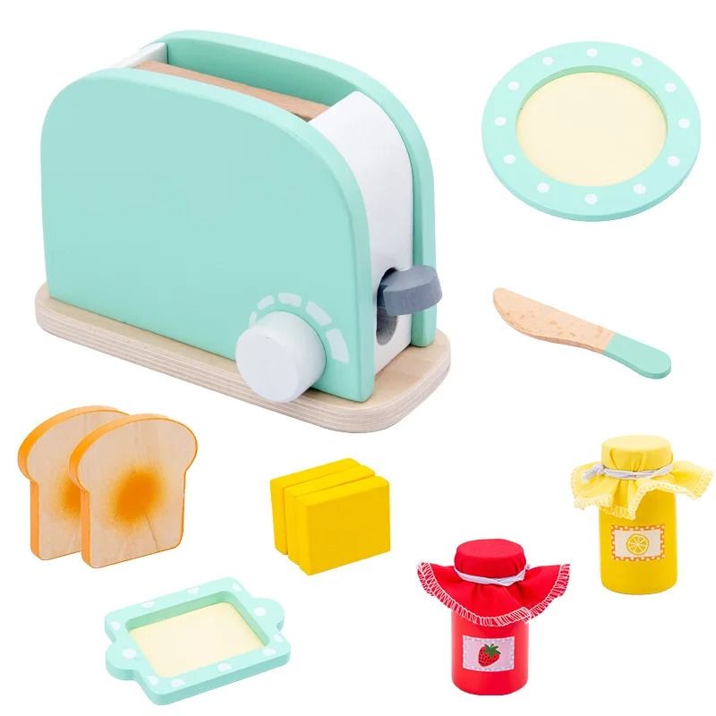 QWZ Wooden Simulation Kitchen Toy Set Bread Machine Microwave Oven Play House Toys 7