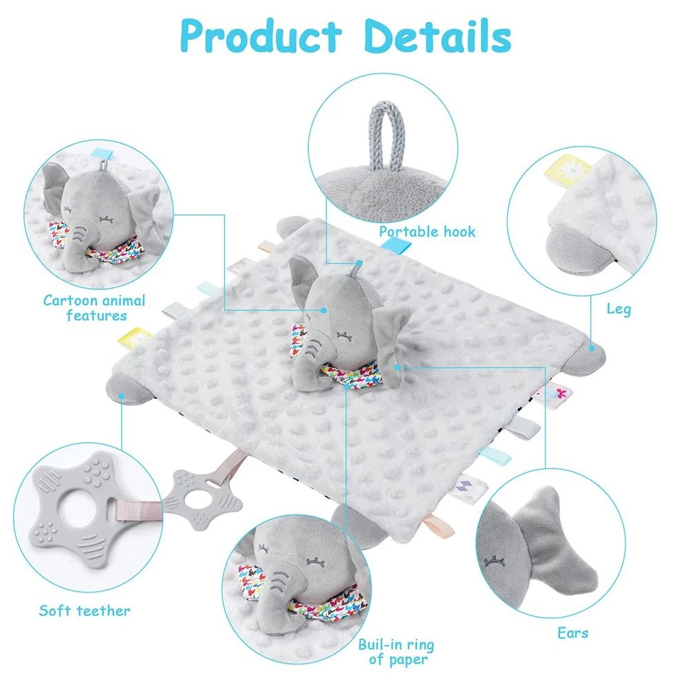 Baby Security Blanket Elephant With Tags Teether Rattles Soft Snuggle Stuffed Animal 3