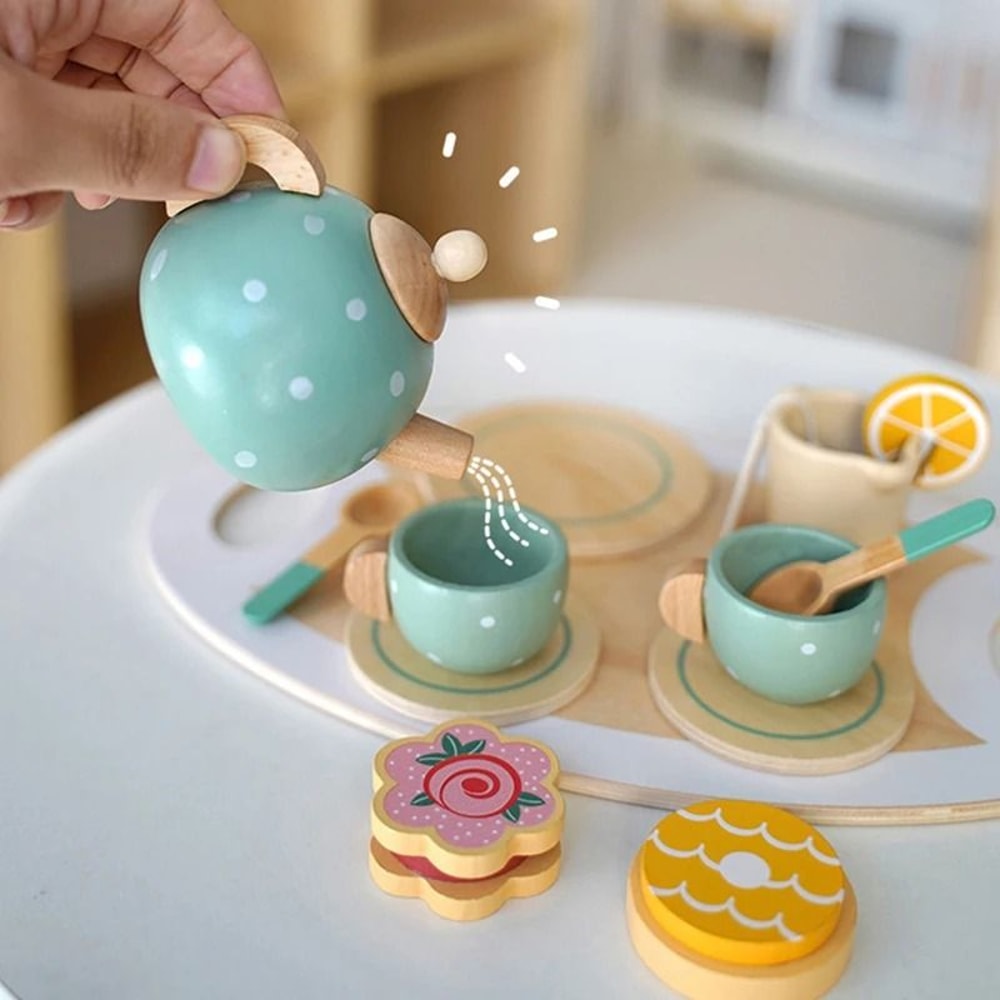 Wooden Afternoon Tea Set Toy Pretend Play Food Montessori Early Educational Toys 3