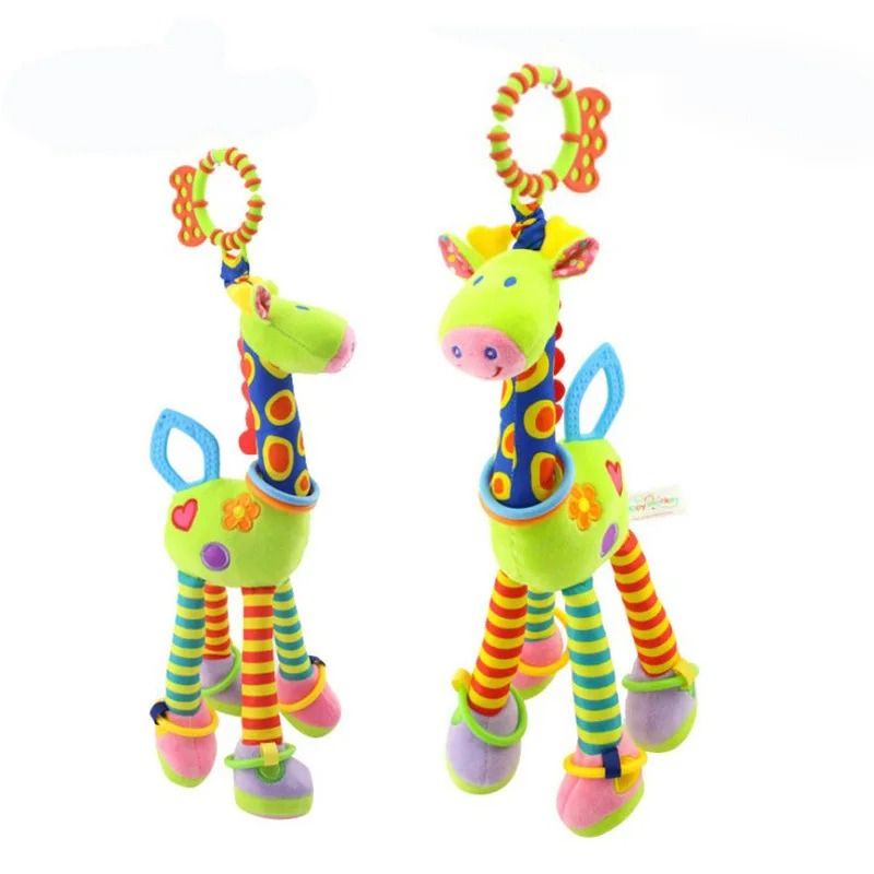 New Soft Cute Giraffe Animal Handbells Rattles Plush Infant Handle Toy With Teether 3
