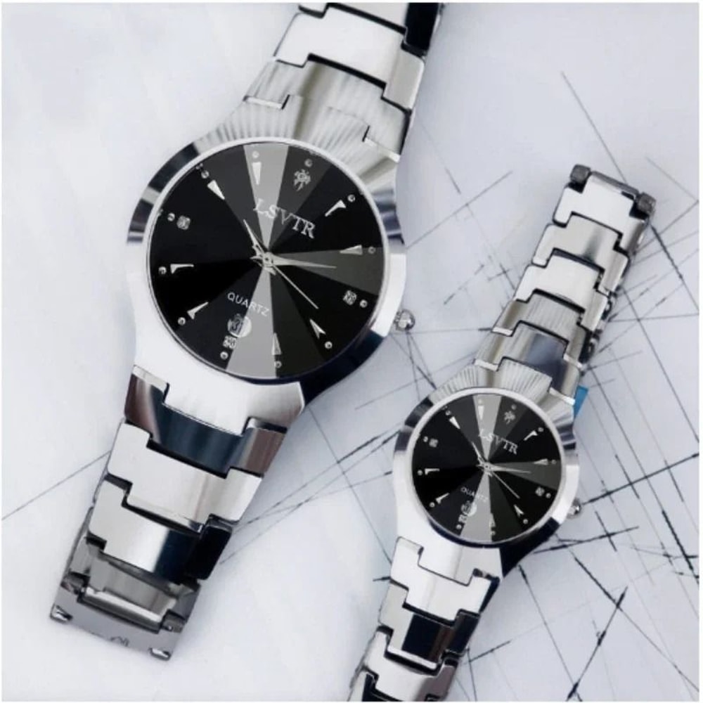 Tungsten Steel Color Quartz Calendar Watch Elegant Couples And Student Watch Set 0