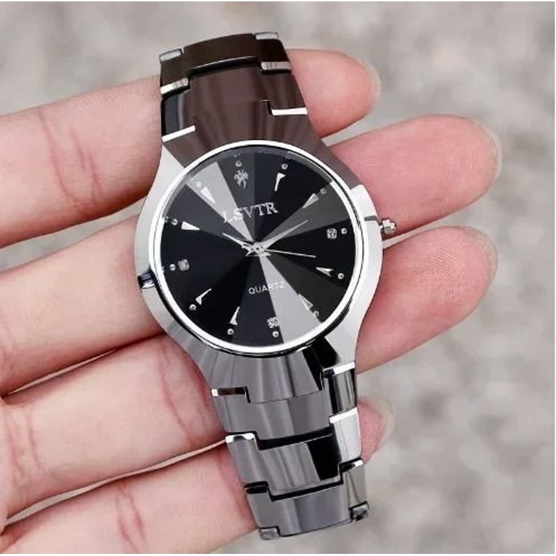 Tungsten Steel Color Quartz Calendar Watch Elegant Couples And Student Watch Set 1