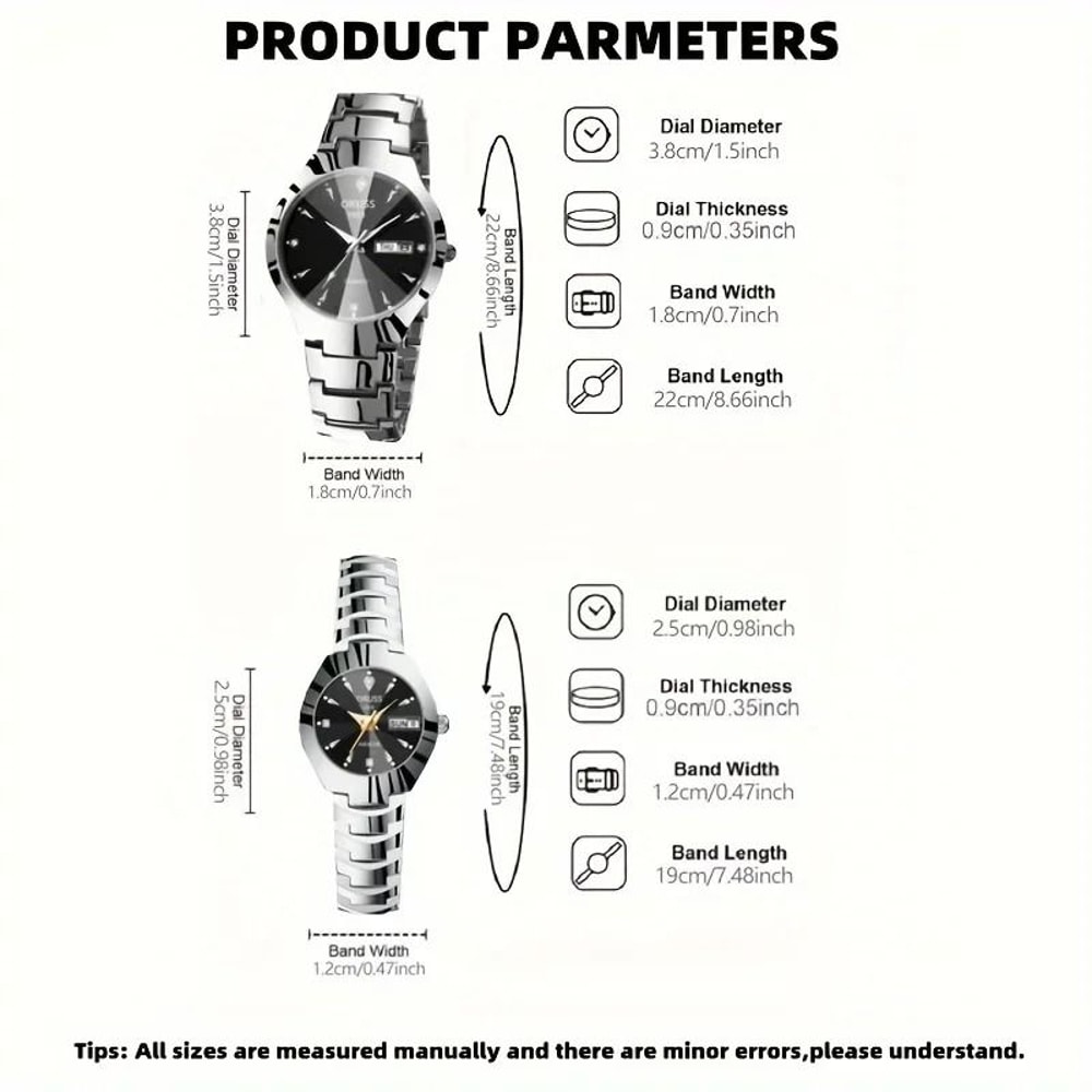 Tungsten Steel Color Quartz Calendar Watch Elegant Couples And Student Watch Set 3