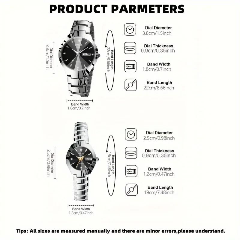 Tungsten Steel Color Quartz Calendar Watch Elegant Couples And Student Watch Set 3