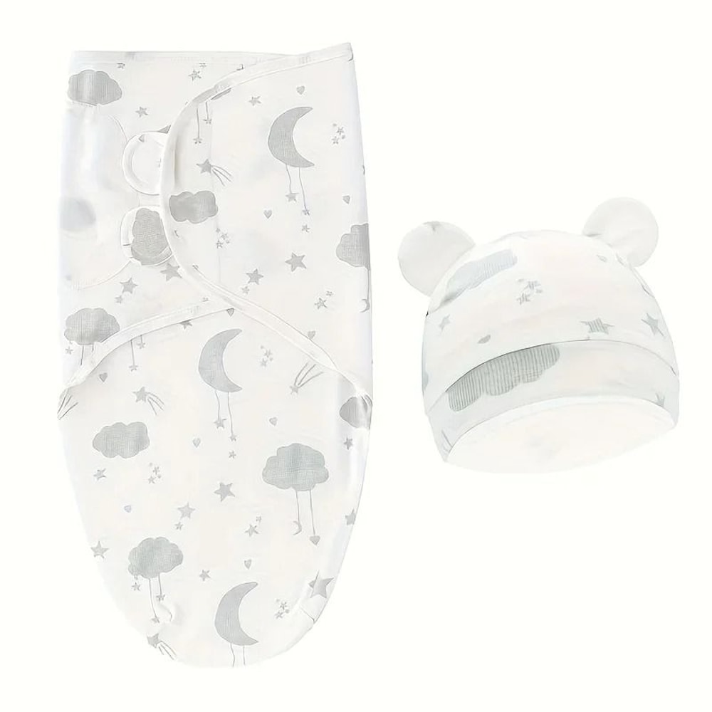 1pc Baby Swaddle Set With Hat UltraSoft Gray Star Cloud Moon Patterns 6